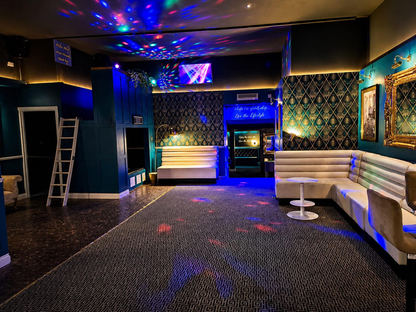 The main lounge at PDI Birmingham under the party lights